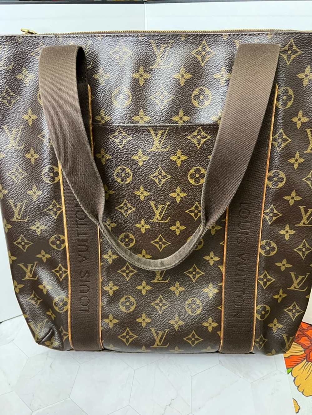 Louis Vuitton Brown Monogram Cabas Mezzo Canvas Tote with Gold Accents